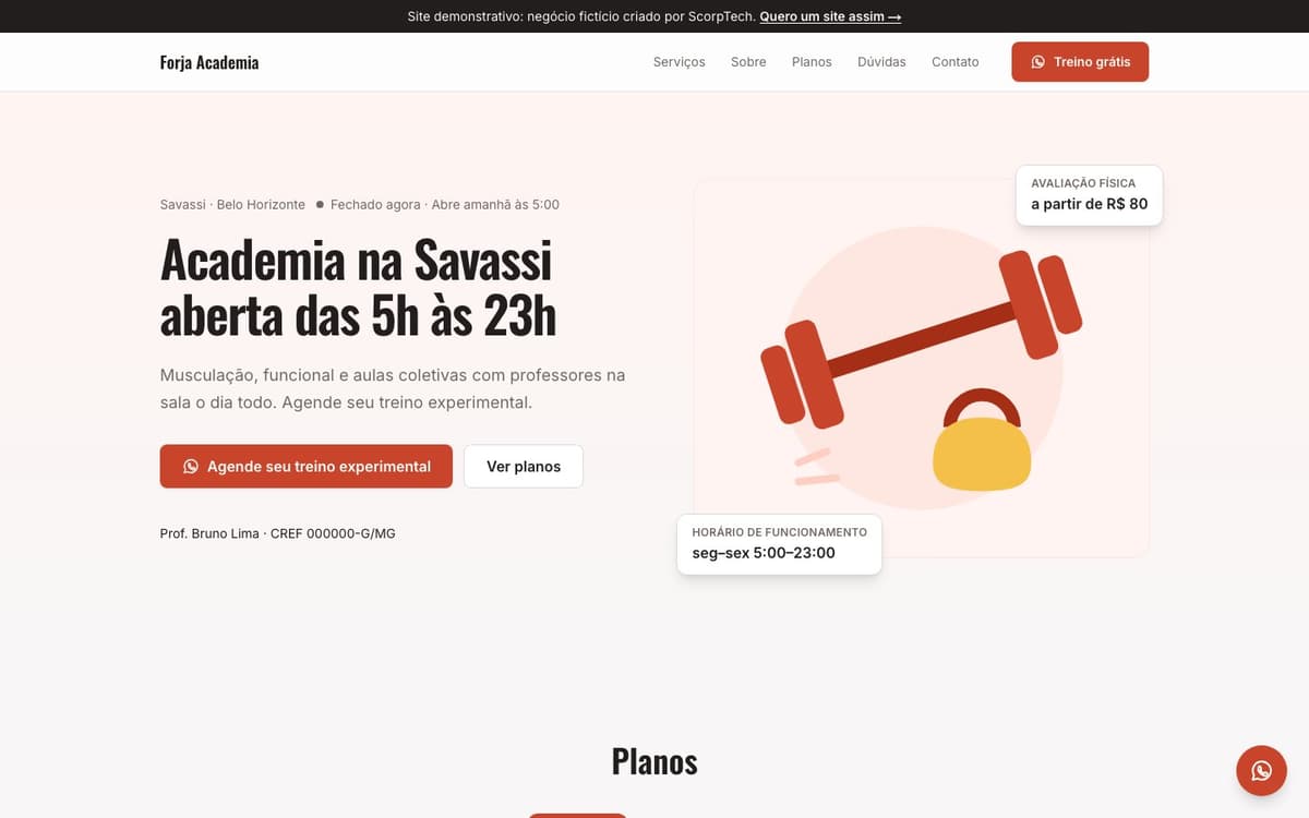 Página inicial do modelo de site de academia