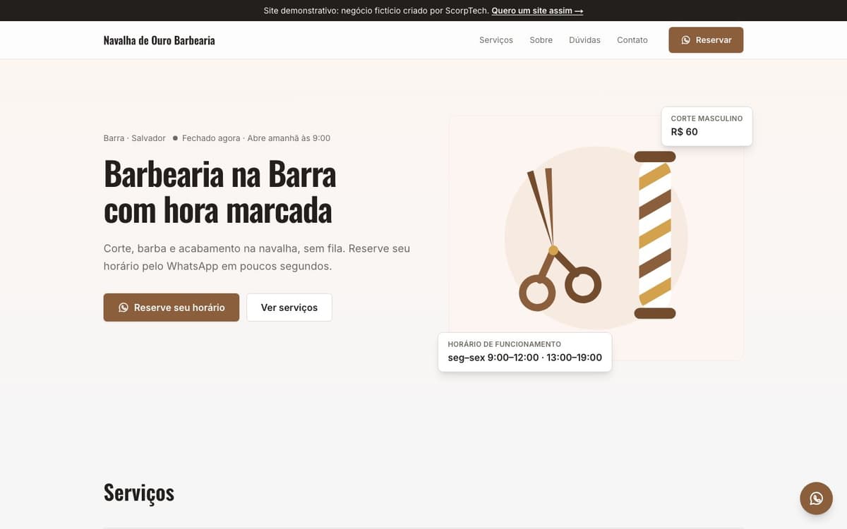 Página inicial do modelo de site de barbearia