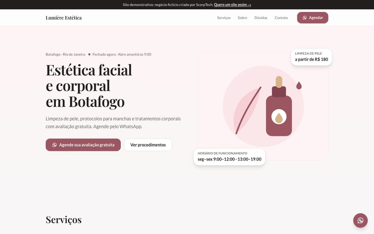 Página inicial do modelo de site de estética