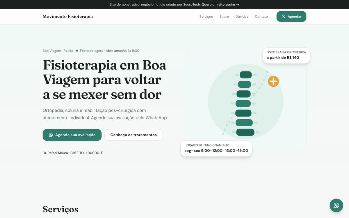 Página inicial do modelo de site de fisioterapia