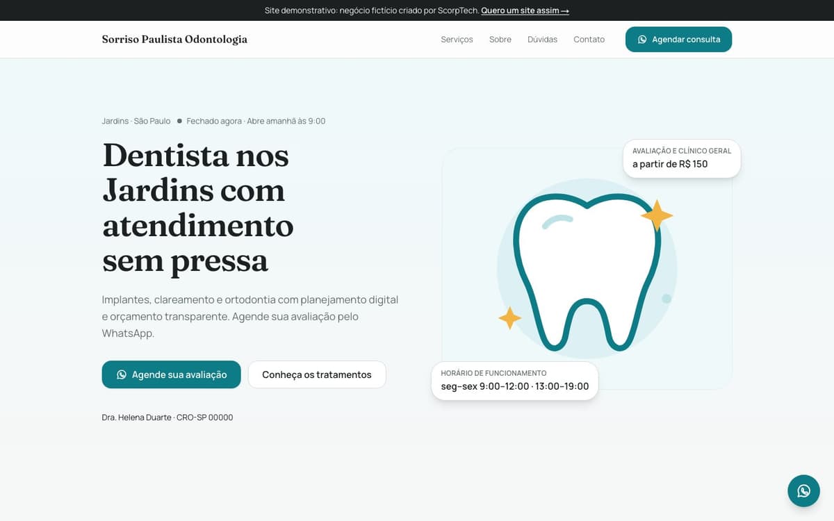 Página inicial do modelo de site de odontologia