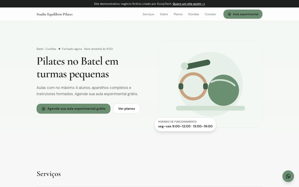 Página inicial do modelo de site de pilates